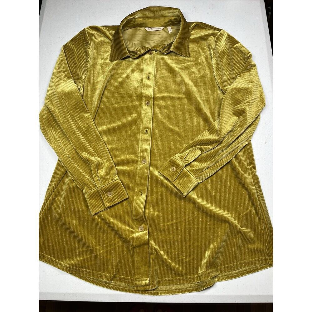 Soft Surrounding Womens Amber Mustard Yellow Ribbed Velvet Button Down L